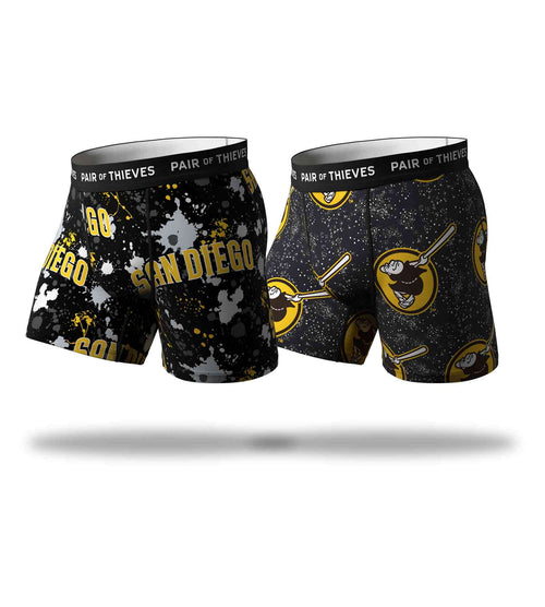MLB San Diego Padres SuperFit Boxer Brief 2 Pack containing the colors Black, Silver, Dim gray, Olive, Gains boro, Black, Goldenrod, Dark slate gray, Gray
