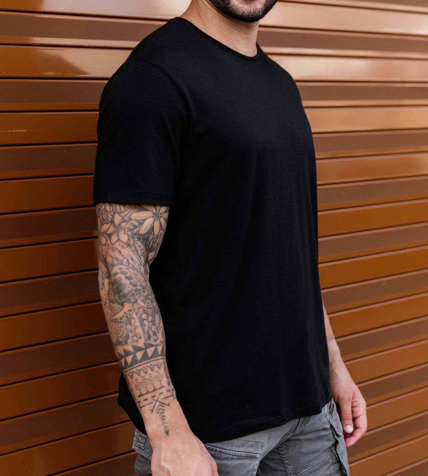The Solid Black SuperSoft Classic Crew Neck Tee contains colors Maroon, Dim gray, Tan, Saddle brown, Saddle brown, Sienna, Rosy brown, Black, Saddle brown, Black