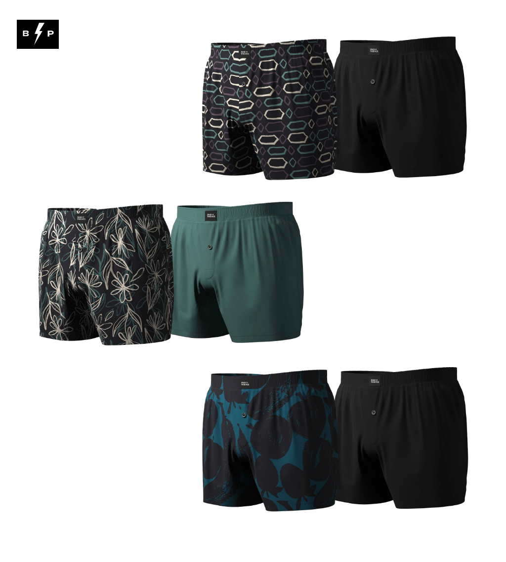 Woven Boxer Bear Pack (6 Pack) 2 black pair. A solid seafoam green. A geo pattern print and two flower pattern prints.