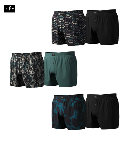 Woven Boxer Bear Pack (6 Pack) 2 black pair. A solid seafoam green. A geo pattern print and two flower pattern prints.