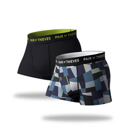 SuperFit Trunks 2 Pack, blue geometric pattern and black