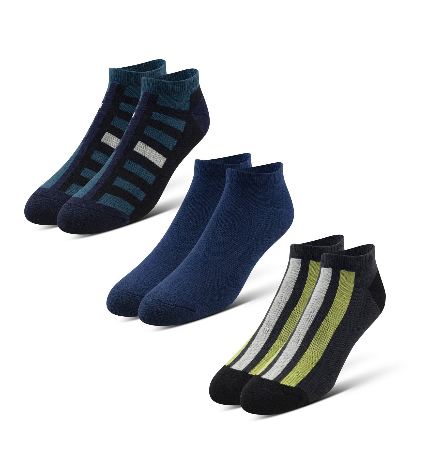 Cushion Low-Cut Socks 3 Pack in green blue and white