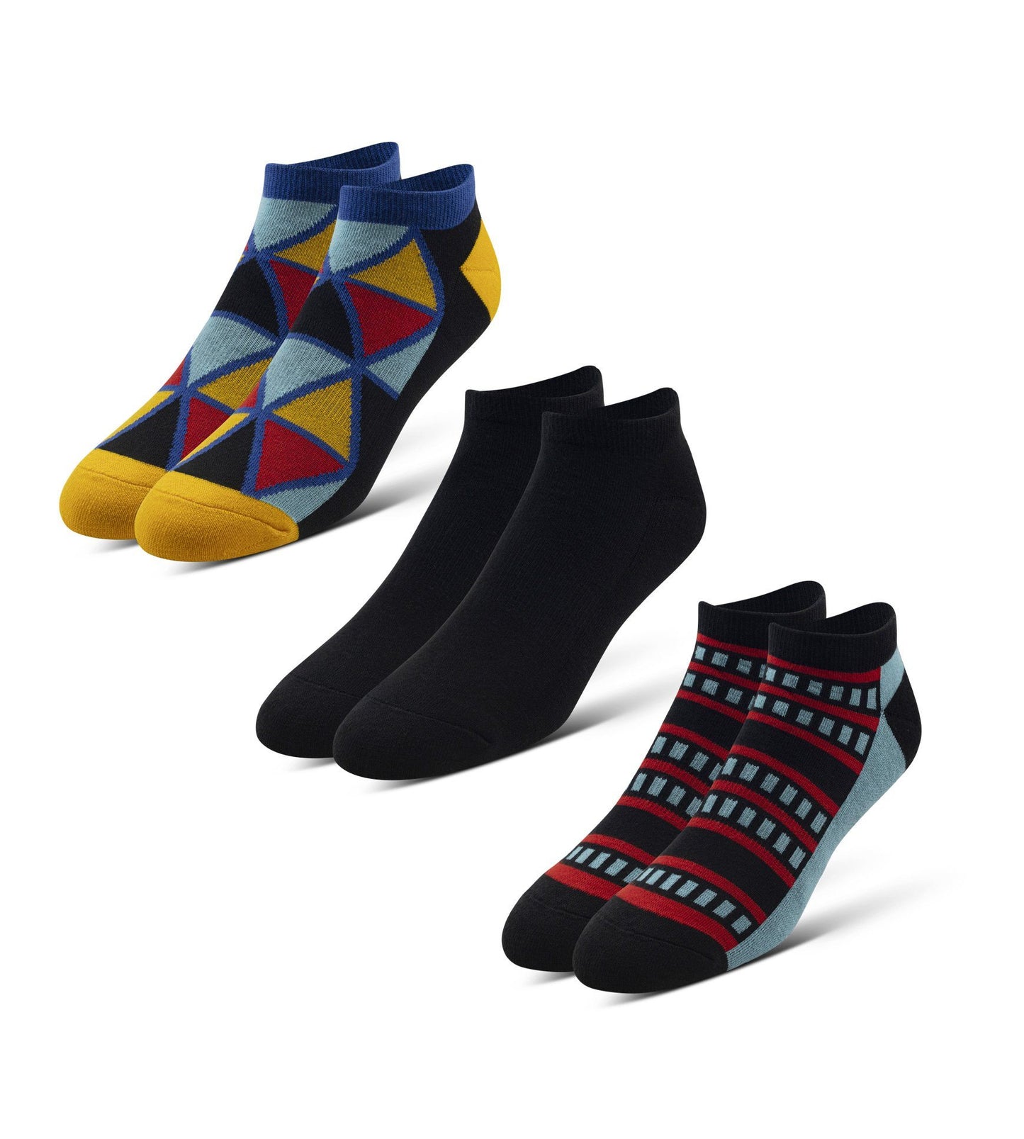 Cushion Low-Cut Socks 3 Pack in black, blue, red, and yellow