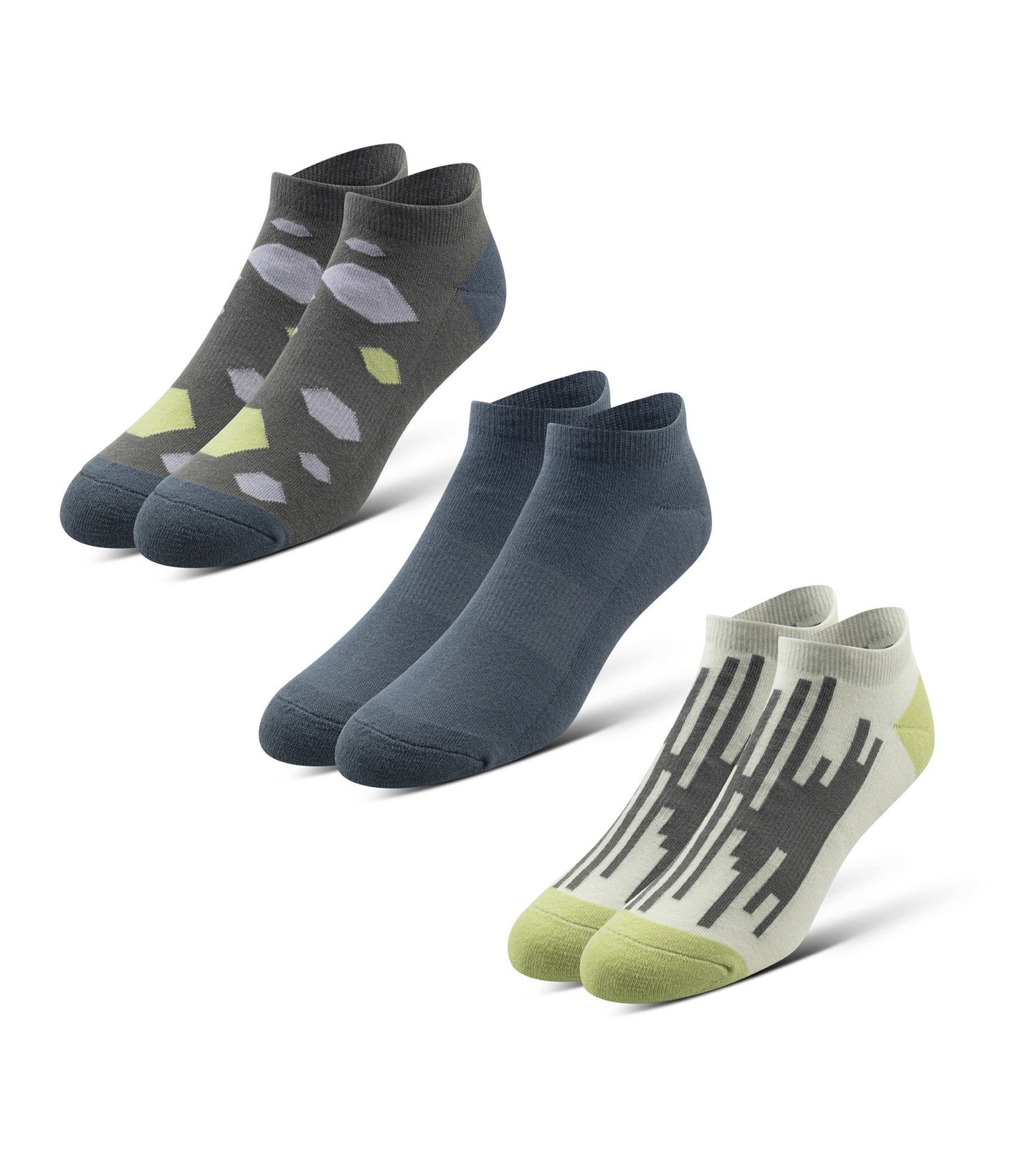 Cushion Low-Cut Socks 3 Pack in blue, green, and grey