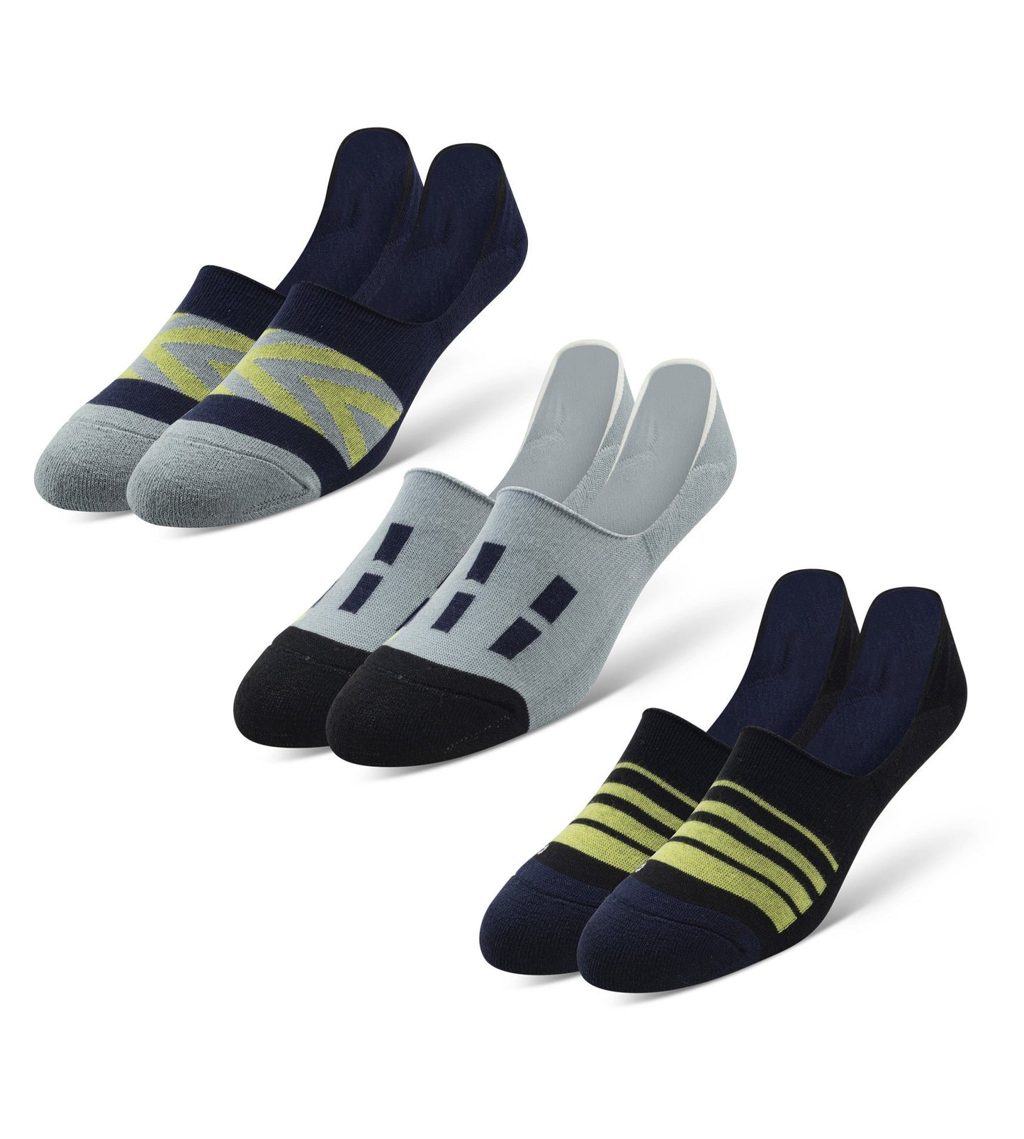 Cushion No Show Socks 3 Pack in navy, light blue and green