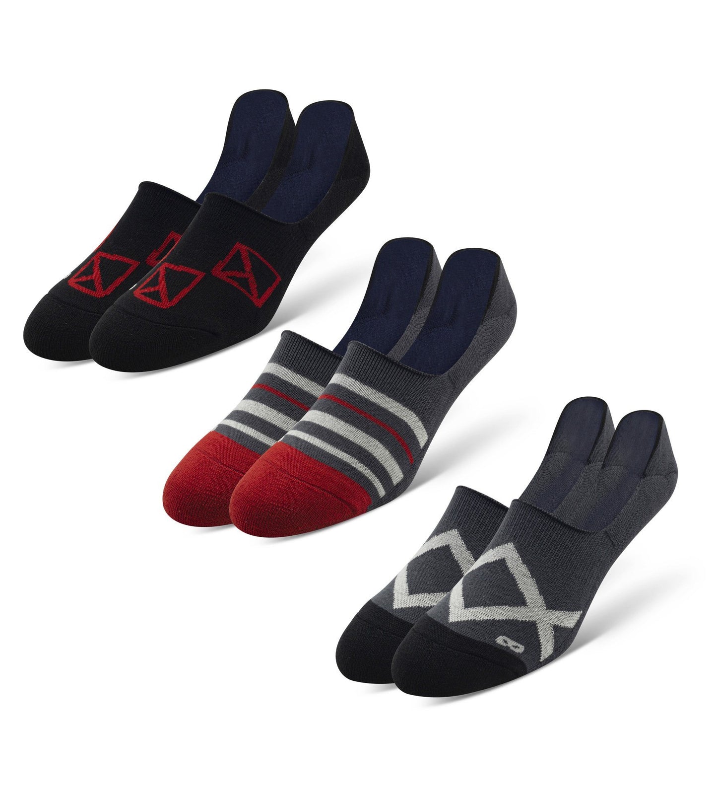 Cushion No Show Socks 3 Pack in grey, red, and light grey