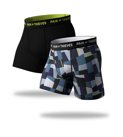 SuperFit Boxer Briefs 2 Pack, blue geometric pattern and black