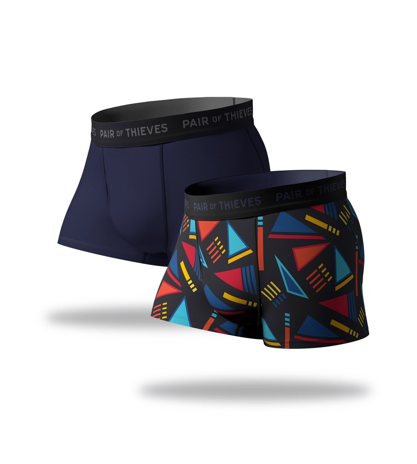 SuperFit Trunks 2 Pack, colorful geometic pattern and navy